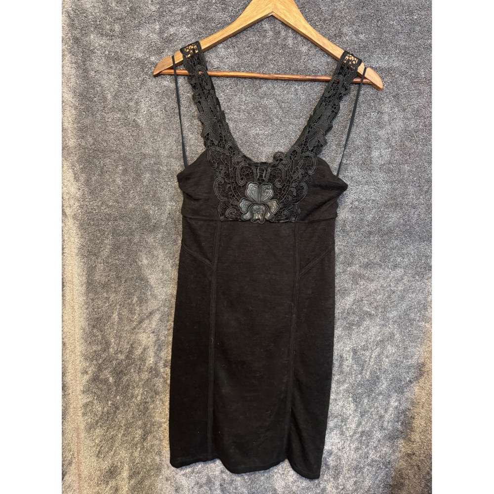 Free People Black Lace Mini Dress Crochet Straps Sleeveless Boho Small